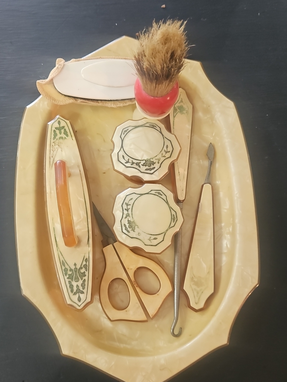 Vintage 1920s Art Deco Celluloid Vanity Set 8 Piece - French Ivory Pearlized Yel